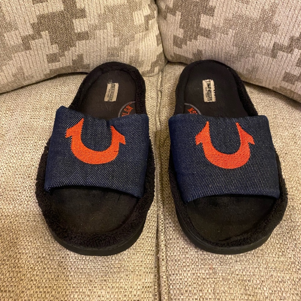 True Religion Black and Orange Slippers with Striking Design